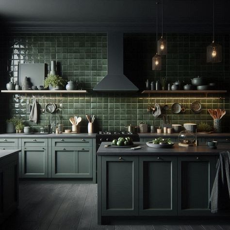 Dark Green Kitchen Black Kitchen Green Tiles, Dark Kitchen Inspiration, Black And Green Kitchen Ideas, Dark Green Backsplash, Black And Green Kitchen, Dark Green Kitchen Ideas, Academia Kitchen, Dark Academia Kitchen, Dark Green Tile