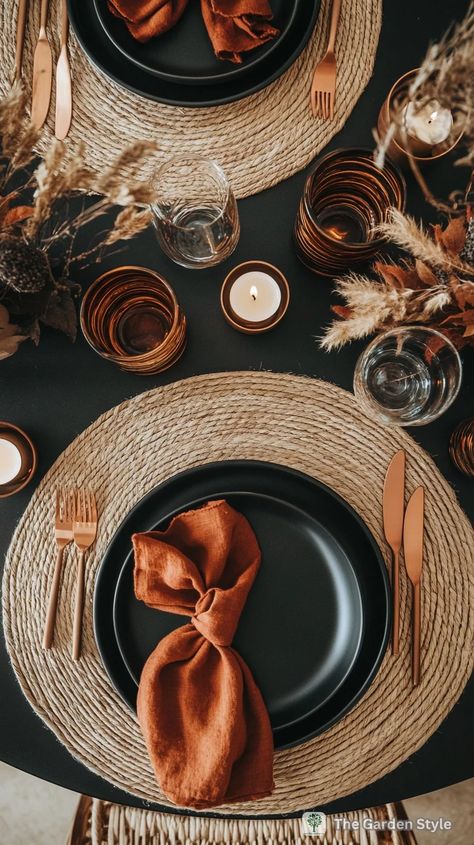 Fall and Thanksgiving Tablescapes for Round Tables: Setting the Perfect Table - The Garden Style Black Fall Table Setting, Black Fall Tablescape, Place Setting For Thanksgiving, Thanksgiving Table Settings Black Plates, Black Tablecloth Thanksgiving, Wedding Table Setting Ideas Round, Thanksgiving Dinner Setting, Black Thanksgiving Table Decor, Black And Orange Table Setting