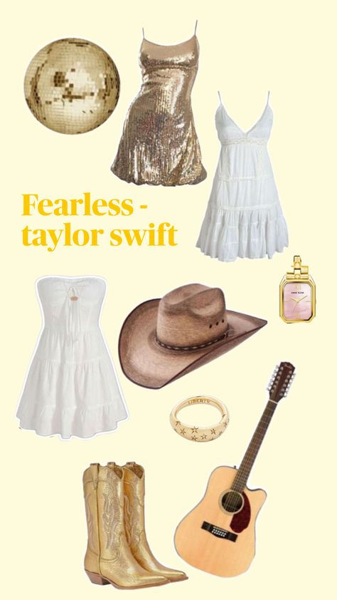 Taylor swift concert outfit ideas, fearless, gold outfits Taylor Swift Costume Ideas Fearless, Taylor Swift Concert Outfit Inspo Fearless, Taylor Swift Concert Folklore Outfit, Eras Tour Outfits Country, Taylor Fearless Outfits, Fearless Outfits Taylor Swift Eras Tour, Taylor Swift Outfits Concert Fearless, Last Minute Taylor Swift Concert Outfit, Fearless Outfits Eras Tour