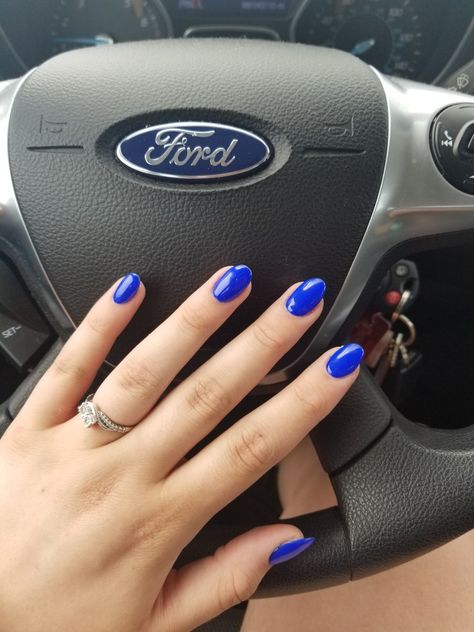 Royal Blue Nails With Glitter, Blue Nails Almond Shape Short, Royal Blue Almond Acrylic Nails, Blue Nail Almond Shape, Short Almond Royal Blue Nails, Royal Blue Almond Nails Design, Almond Blue Nails, Royal Blue Almond Nails, Almond Nails Electric Blue