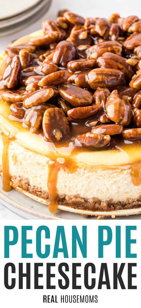 Creamy cheesecake topped with pecans in luscious caramel sauce! Pecan Pie Cheesecake is dessert perfection and everyone will ask for the recipe! #RealHousemoms #pecan #cheesecake #pecancheesecake #dessert #thanksgiving #holidays #copycatrecipe Thanksgiving Desserts Cheesecake, Caramel Pecan Topping, Pecan Cheesecake Recipes, Pecan Pie Cheesecake Recipe, Thanksgiving Cheesecake, Caramel Pecan Cheesecake, Dessert Thanksgiving, Pecan Topping, Pecan Pie Cheesecake