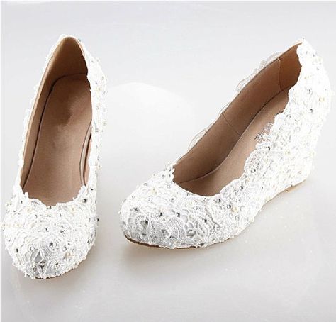 2014 white lace wedge handmade lace bridal shoes by ANGELBLINGBOX, $159.00 Lace Bridal Shoes, Wedding Wedges, Fun Wedding Shoes, Lace Wedges, Silver Bridesmaid, Elegant Pumps, Wedding Shoes Comfortable, Wedding Shoes Lace, White Wedges