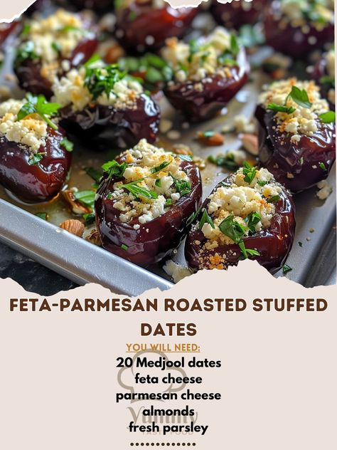 🧀🌴 Treat yourself to Feta-Parmesan Roasted Stuffed Dates! Sweet, savory, and oh-so-delicious. #StuffedDates #SweetAndSavory Feta-Parmesan Roasted Stuffed Dates Recipe 🌟 Ingredients: 20 Medjool dates, pitted (about 200g) 100g feta cheese, crumbled 50g parmesan cheese, grated 50g almonds, chopped 5g fresh parsley, chopped 15ml olive oil Salt and pepper to taste Instructions: Preheat your oven to 180°C (350°F). In a bowl, mix together feta cheese, parmesan cheese, chopped almonds, parsley, o... Feta Parmesan Stuffed Dates, Feta Parmesan Roasted Stuffed Dates, Whipped Feta Stuffed Dates, Date Recipes Medjool Savory, Stuffed Medjool Date Recipes, Roasted Stuffed Dates, Feta Stuffed Dates, Savory Date Recipes, Roasted Dates