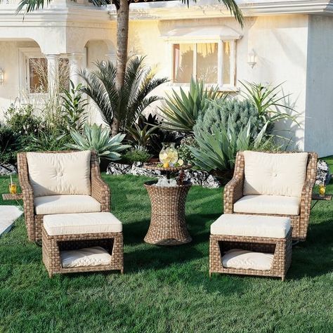 5 Pieces Outdoor Wicker Patio Swivel Rocking Chairs Set w/Ottomans, Table - Bed Bath & Beyond - 40438302 Outdoor Wicker Rocking Chairs, Swivel Rocking Chair, Wicker Patio Furniture Set, Rocking Chair Set, Patio Bar Table, Comfortable Space, Porch Furniture, Outdoor Patio Furniture Sets, Wicker Patio Furniture