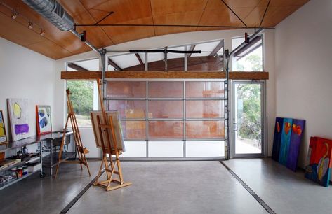 Garage Art Studio Ideas, Clear Garage Doors, Art Studio Ideas, Garage Art Studio, Home Art Studios, Mountain Drive, Alfresco Living, Home Office Modern, Art Studio Space