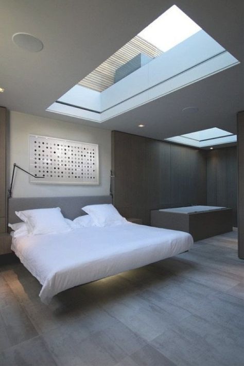 Interior Design Per La Casa, Modern Minimalist Bedroom, Floating Bed, Minimalist Bedroom Design, Interior Minimalista, White Bed, Dekorasi Kamar Tidur, Design Del Prodotto, Remodel Bedroom