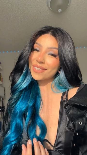 Cute Dyed Hairstyles, Blue Black Hair With Money Piece, Black Hair With Blue Front Pieces, Black And Color Hair, Blue Peek A Boo Hair, Turquoise Money Piece Hair, Black And Blue Halo Hair, Midnight Blue Hair Money Piece, Gamer Hairstyles