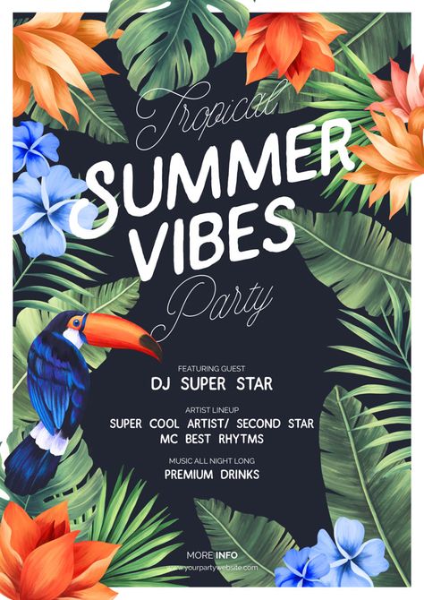 Tropical summer vibes party poster with exotic nature Summer Vibes Party, Tropical Summer Party, Summer Vibes Adventure, Summer Vibes Friends, Vibes Tumblr, Tropical Poster, Frame Poster, Summer Poster, Vibe Video