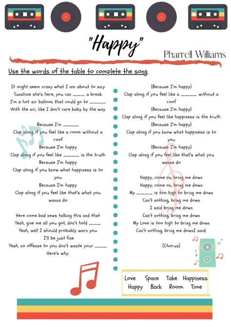 Ejercicio de Song - -Happy- English Party Songs, Music Reading Worksheets, Songs For Learning English, Learn English With Songs, Worksheet Music For Kindergarten, Song Listening, Esl Songs Worksheets, Listening Song, Esl Listening Activities