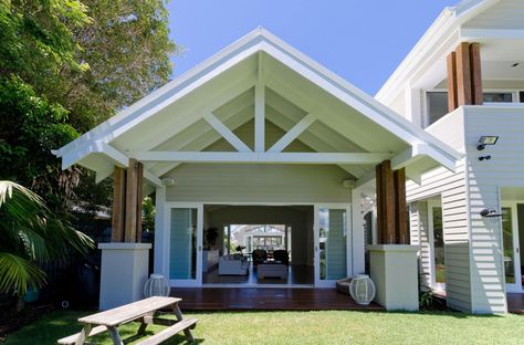 Rustic Wooden Bench, Seaside Home, Exposed Rafters, Coastal House, Seaside Town, Patio Roof, Tall Ceilings, English House, Roof Design