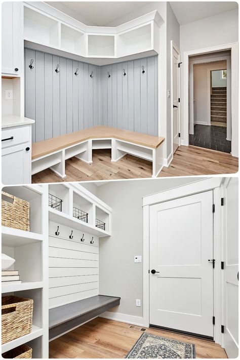 17 Mudroom Ideas for Gorgeous Entryway (Storage Tips) Bedroom Turned Mudroom, Entryway Custom Cabinet, Mudroom Foyer Entrance, Mud Room Entry Modern, Building Mudroom Bench, Corner Mudroom Built Ins, Long Hallway Mudroom Ideas, Corner Bench Mudroom, Mud Room Ideas Entryway Farmhouse