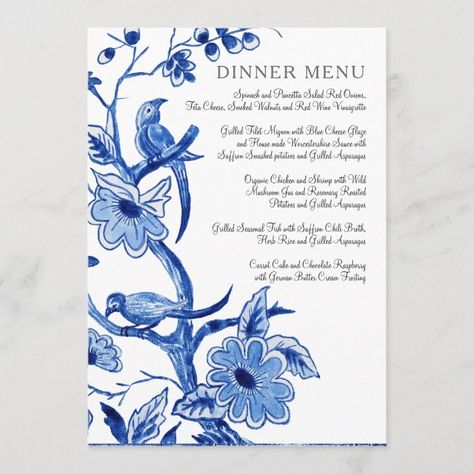 Menu Wedding Vintage Blue White Chinoiserie Floral  Zazzle Indigo Blue Wedding, Dinner Garden Party, Chinoiserie Party, Blue Willow Wedding, Bridal Shower Elegant, Chinoiserie Wedding, Bridesmaids Luncheon, Bridal Shower Luncheon, Table Settings Ideas