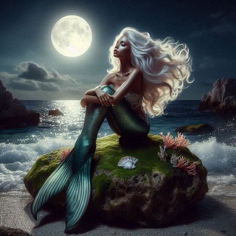 Mermaid with white hair sitting on a rock on the shore under the moonlight Water Faries, Beautiful Mermaid Art, Black Mermaid Art, Sitting Mermaid, Mermaid Stories, Mermaid Quotes, Mermaid Photography, Mermaid Stuff, Sea Siren