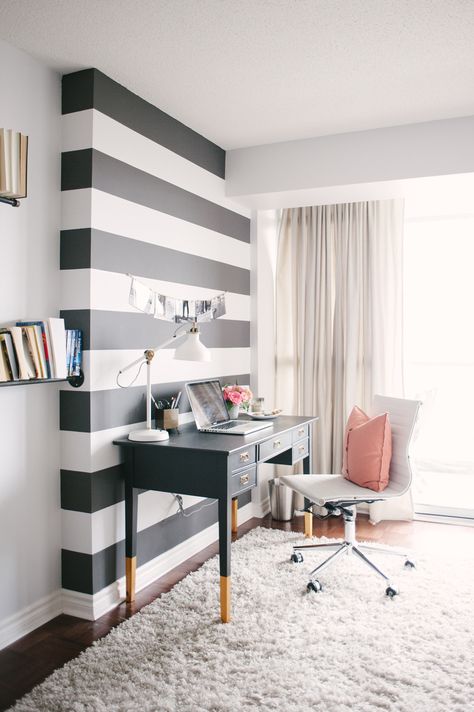 The cutest little home office. I love that accent wall! Style Me Pretty Living, Interior Boho, Dining Wall, Bold Decor, White Forest, Linen Interior, Striped Walls, Famous Paintings, Frame Gallery