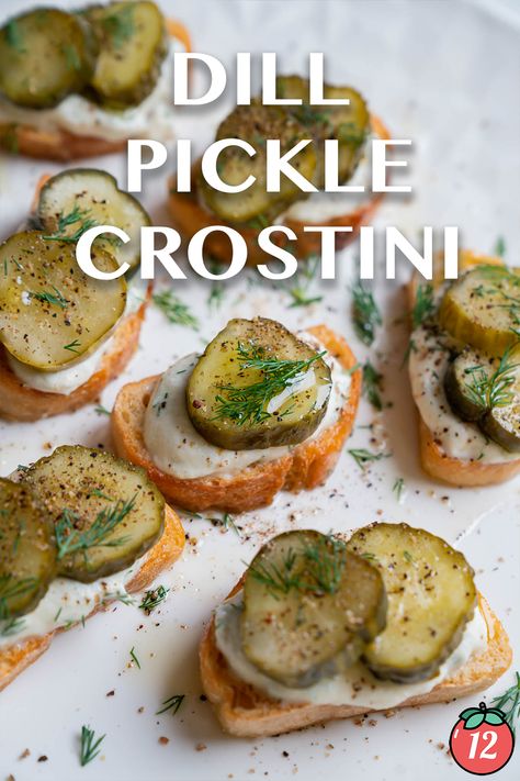 Dill Pickle Crostini | 12 Tomatoes Pickle Finger Foods, Things To Do With Pickles, Pickleball Party Food, Pickle Hors D'oeuvres, Pickle Board Ideas, Pickle Snacks Ideas, Pickle Snacks, Pickle Board, Pickle Dishes