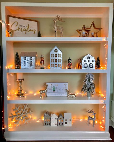 Christmas Decor Ideas For Bookcases, Christmas Decorated Bookshelves, Book Shelf Christmas Decor, Christmas Fireplace Shelves Decor, Top Of Bookshelf Christmas Decor, Christmas Decorations Bookshelves, Christmas Decor On Bookshelves, Christmas Bookshelves Decor, Christmas Bookcase Decor Living Room