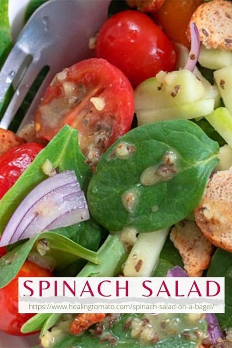 Easy spinach salad recipe made with tomatoes, cucumber and bagel chips #healingtomato #spinachsalad #tomatoes #saladrecipes #salads #cucumber Vegan Spinach Salad, Healthy Spinach Salad, Salads Cucumber, Easy Spinach Salad, Vegan Spinach, Spinach Salad Recipes, Bagel Chips, Bagel Recipe, Salad Toppings