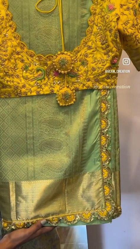 Yellow Pattu Blouse Maggam Work Designs, Silk Saree Work Designs, New Bridal Saree Collection, Aari Blouse Border Design, Yellow Pattu Saree Blouse Designs, Pattu Saree Blouse Designs Maggam Work Latest Bridal, Pattusarees Latest, Pista Green Pattu Saree, Aari Work Blouse With Border