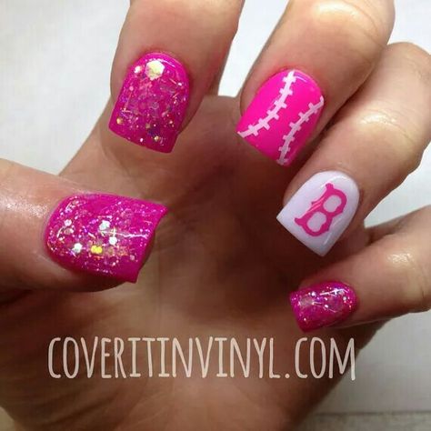 Pink glitter Baseball nailart #nailart @JenniferW Baseball Pedicure, Patriot Nails, Red Sox Nails, Baseball Nail Designs, Sport Nails, Boston Logo, Gell Nails, Baseball Nails, Flared Nails