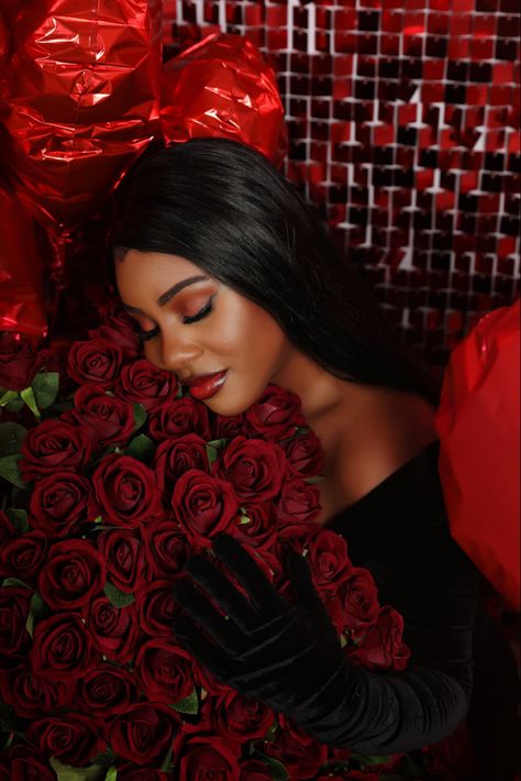 Red roses Valentine day photoshoot. Black girl Valentine day shoot. Roses. Black girl in luxury Black Dress And Roses Photoshoot, Photo Shoot With Black Roses, Photoshoot With Roses Photo Ideas, Valentine Day Photoshoot Black Women, Photoshoot With Red Roses, All Black Photoshoot With Roses, Red Flowers Photoshoot, Valentine Day Photoshoot, Galentines Shoot