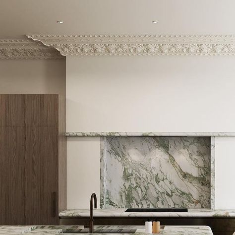 Banda Property on Instagram: "London Victorian Townhouse The kitchen is underpinned by the breathtaking intricate veining and smooth texture of this bespoke statement Calacatta Verde island. A work of art for an everyday use🤍 #marbleisland #nottinghill #interiordesign #London" Banda Property Kitchen, Calacatta Verde Kitchen, Calacatta Verde, Banda Property, Statement Kitchen, Metal Island, Marble Island, Victorian Townhouse, Dining Inspiration