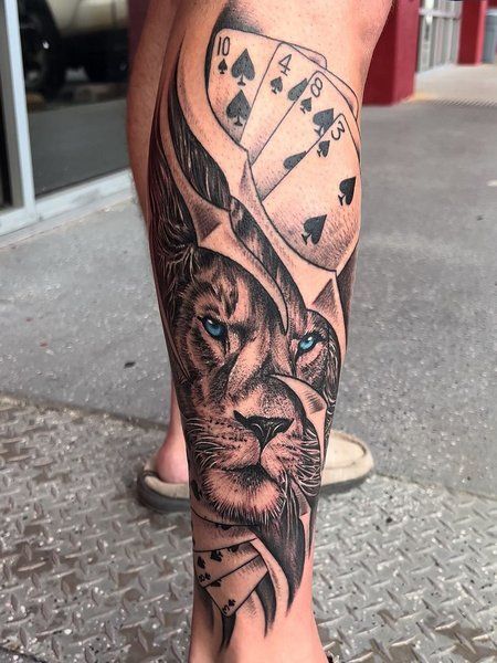 Mens Calf Tattoo Calf Lion Tattoo Men, Men’s Leg Calf Tattoo, Calf Sleeve Tattoo Men Calves, Foot Tattoos For Men Guys, Calf Tattoo Men Ideas, Mens Calf Tattoo, Mens Calf Tattoos, Men’s Calf Tattoo, Calf Tattoos For Guys