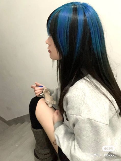 Hair Dye On Top Of Head, Blue Draculaura Hair, Black Hair Colored Tips, Blue And Black Hair Ideas, Angel Ring Hair Dye, Japan Hair Color, Red And Blue Highlights, Black And Blue Hair, Blue And Black Hair