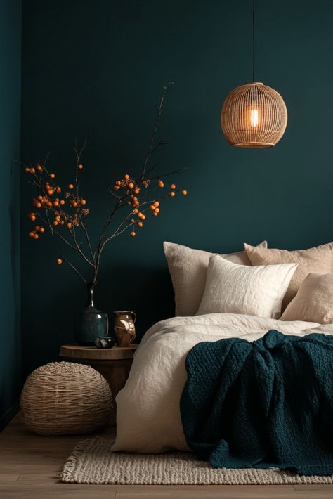 Blissful Teal Retreat Forest Green And Teal Bedroom, Dark Teal Wall Bedroom, Teal Boho Bedroom Ideas, Calm Moody Bedroom, Pale Teal Bedroom, Dark Teal Walls Bedroom, Deep Teal Bedroom Ideas, Bedroom Teal Accent Wall, Bedding Color Pallete