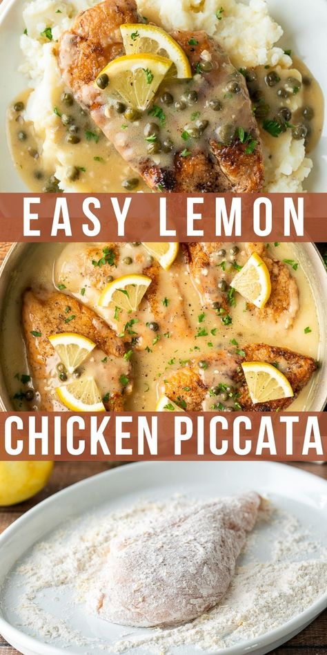 This quick and easy Chicken Piccata Recipe is made with juicy chicken breasts in a buttery and creamy lemon sauce with tangy capers and fresh parsley. Easy Lemon Chicken Piccata, Chicken Piccata No Wine, Chicken Piccata Sauce, Lemon Main Dish Recipes, Meals With Capers, Chicken Breast With Sauce Recipes, Recipes Using Capers, Chicken Capers Lemon Piccata, Chicken Lemon Recipes