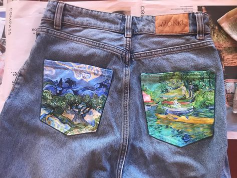 Painted Jeans Back Pockets, Painted Jean Pockets, Jean Pocket Painting, Painting On Jeans, Clothes Paint, Senior Pants, Artist Vibes, 2016 Tumblr Outfits, Painted Pockets