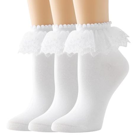 AMHRLINGTO Lace Ruffle Frilly Ankle Socks for Women - Cotton Socks Double Layer Lace Socks Lace Ankle Socks, Best Socks, Frilly Socks, Lace Cuffs, Lace Socks, Pearl And Lace, White Socks, Socks For Women, Dress Socks