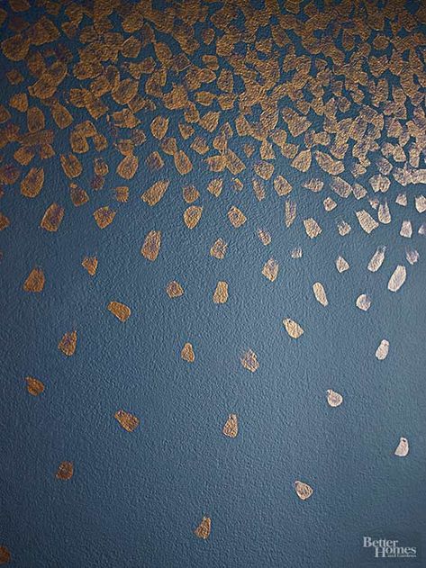 Confetti Chic Metal Door Makeover, Metallic Accent Wall, Gold Accent Wall Bedroom, Office Makeover On A Budget, Accent Walls Ideas, Gold Painted Walls, Gold Accent Wall, Rustic Window Treatments, Budget Makeover