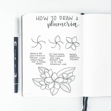 How to draw a plumeria: these little guys are super easy and super cute! I used a @tombowusa brush pen in light gray to add a bit of depth. I love the result! This flower is so simple, it be a great one to add color to! Use #bonjournal or tag me in your photos so I can see your beautiful flowers! Doodle Tutorial, Easy Flower Drawings, Flower Doodle, Draw Easy, Flower Drawing Tutorials, Easy To Draw, Journal Spreads, Drawing Faces, Easy Flower