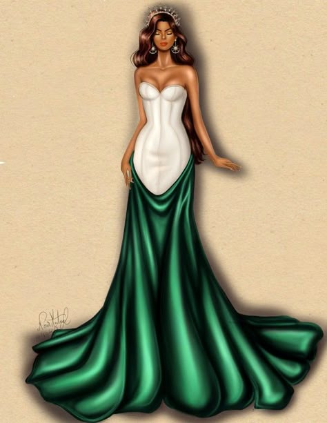 Silk Effect Fashion Illustration, Green Fashion Illustration, Silk Dress Illustration, Silk Dress Drawing, Draping Fashion Illustration, Green Dress Drawing, White Ball Dress, Art Outfits Drawing, White And Green Dress