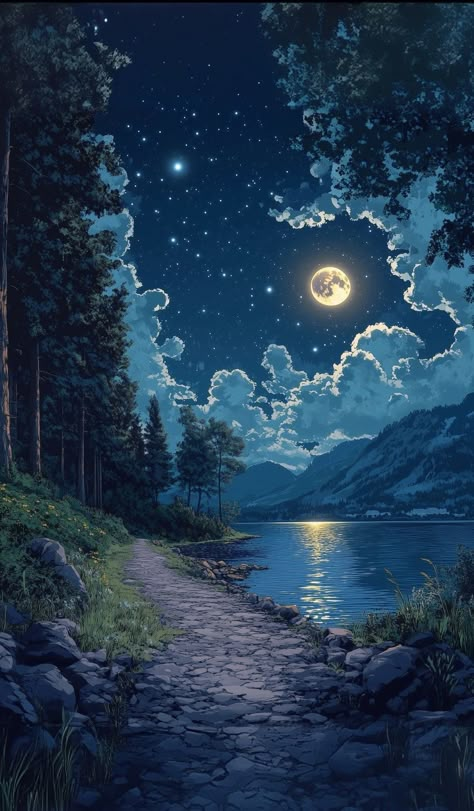 Photowall Ideas, Forest Moon, Dreamy Artwork, Trees Forest, Night Landscape, Anime Artwork Wallpaper, Cool Wallpapers Art, Fantasy Art Landscapes, Landscape Illustration