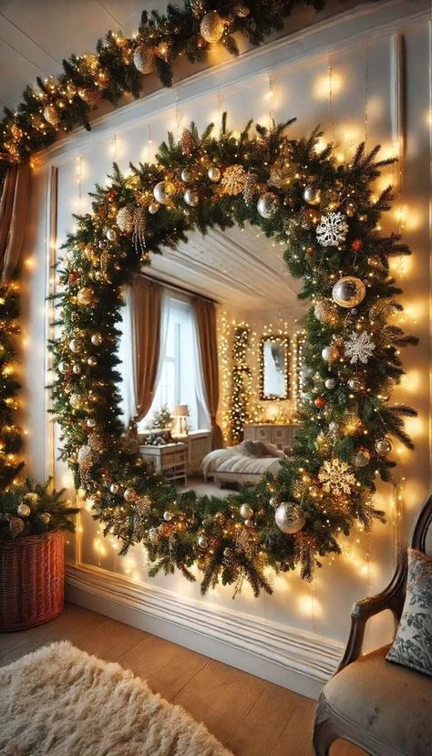 Christmas Tree Wall Decor Ideas, Wreath Wall Christmas, Christmas House Tours Holiday Decorating, Mirror Wreath Decor, Christmas Decoration 2024 Trends, Christmas Elegant Decor, New Years Tree Ideas, Happy New Year Decor, Magical Christmas Tree