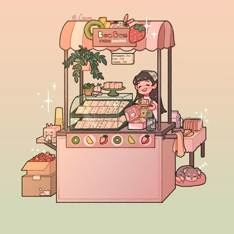 2d Isometric, Cute Bakery, Cute Cafe, Cute Food Art, Artist Alley, Japon Illustration, Food Cart, Cute Kawaii Drawings, Art Programs