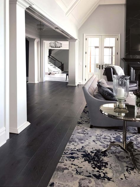 Dark Wood Wide Plank Floors, Black Vinyl Flooring Living Room, Black Floors Grey Walls, Luxury Hardwood Floors, Black Floor House, Modern Home Dark Floors, Vinyl Flooring Black, Dark Plank Flooring, Black Wooden Floor Living Room