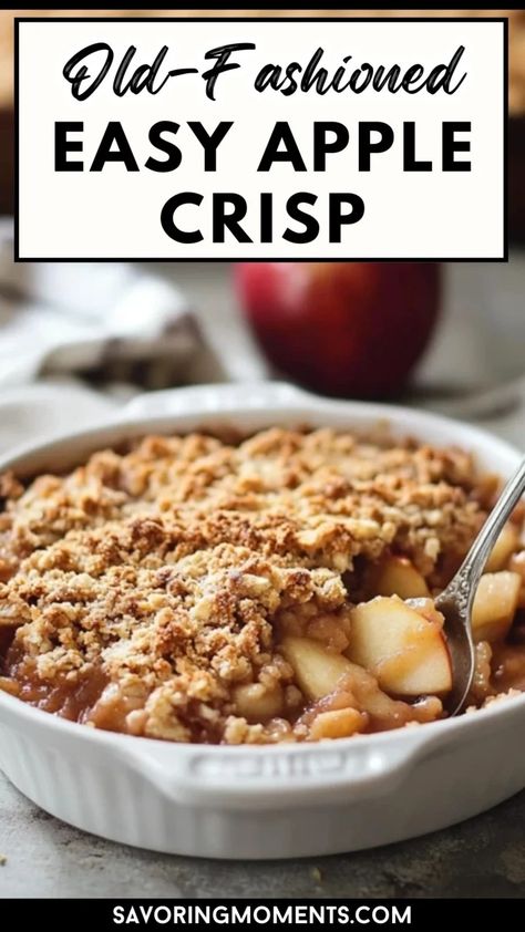 Enjoy the timeless comfort of this old-fashioned easy apple crisp, with tender apples and a crunchy, buttery topping. A simple, crowd-pleasing dessert that's perfect for any occasion! #applecrisp #fallrecipes #comfortdesserts #easybaking #homemadegoodness #dessertideas #applerecipes #oldfashionedrecipes #crisptopping #bakedapples Crisp For Apple Crisp, Use Up Old Apples, Easiest Apple Crisp, Apple Crisp Recipe Gluten Free, Ape Crisp Recipe, Apple Crisp With Frozen Apples, The Best Apple Crisp Recipe, Apple Crisp Oats, Apple Crisp With Fresh Apples