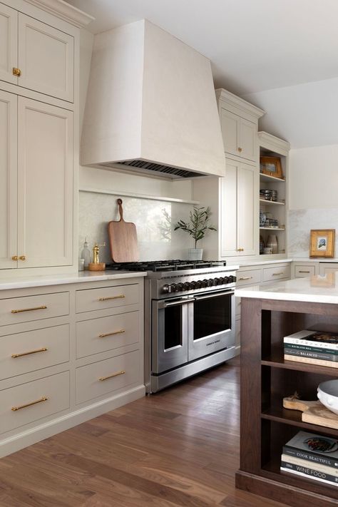 Grey And Wood Kitchen, Range Cover, Bria Hammel Interiors, Bria Hammel, Hidden Valley Ranch, Kitchen Pulls, Hidden Valley, Kitchen Hoods, Classic Kitchen