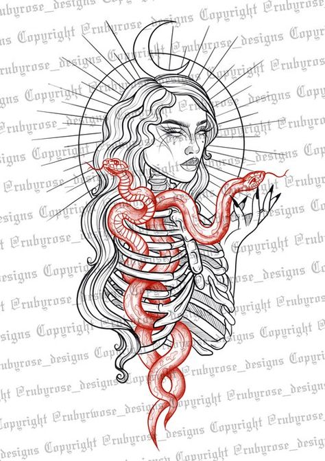 Red And Black Medusa Tattoo, Black And Red Tattoo Design, Rubyrose Designs, Black Tattoo Design, Red And Black Tattoo, Ruby Rose Designs, Aphrodite Tattoo, Goddess Images, 16 Tattoo