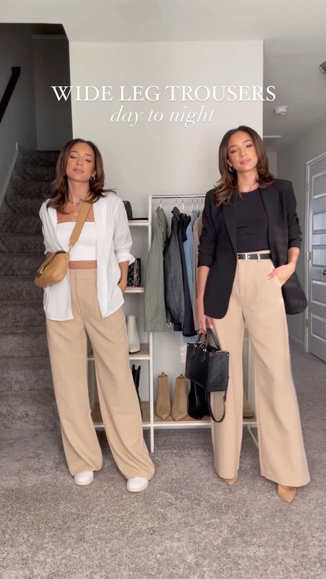 Work Outfits Beige Pants, Style Cream Trousers, Trouser Look Women, Trouser Styling Women, Kakis Wide Leg Pants Outfit Women Style, Styling Tailored Trousers, Casual Outfits With Trousers Women, What To Wear With Beige Trousers, H&m Trousers Women