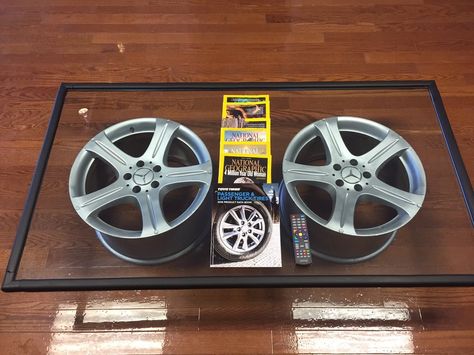 Car Rim Coffee Table, Car Rim Table, Car Rims Ideas Diy, Mustang Rims, Wheel Coffee Table, Cars Honda, Man Cave Design, Coffee Table With Wheels, Car Rims