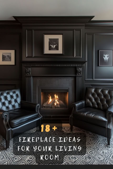 ✨ Ready To Make Your Fireplace The Star Of Your Living Room? These Incredible Design Ideas Will Help You Create The Perfect Focal Point! Click For Inspiration! 🏠 #FireplaceIdeas #LivingRoomDecor #ModernHome #InteriorStyle #HomeDesign #CozyLiving #FireplaceDecor Living Room Dark Fireplace, Sitting Room Fireplace Ideas, Black Fireplace And Bookshelves, Speakeasy Fireplace, Black Fireplace With Tv Above, Georgian Fireplace Ideas, Fireplace In Small Living Room, Molding Above Fireplace, Tall Black Fireplace