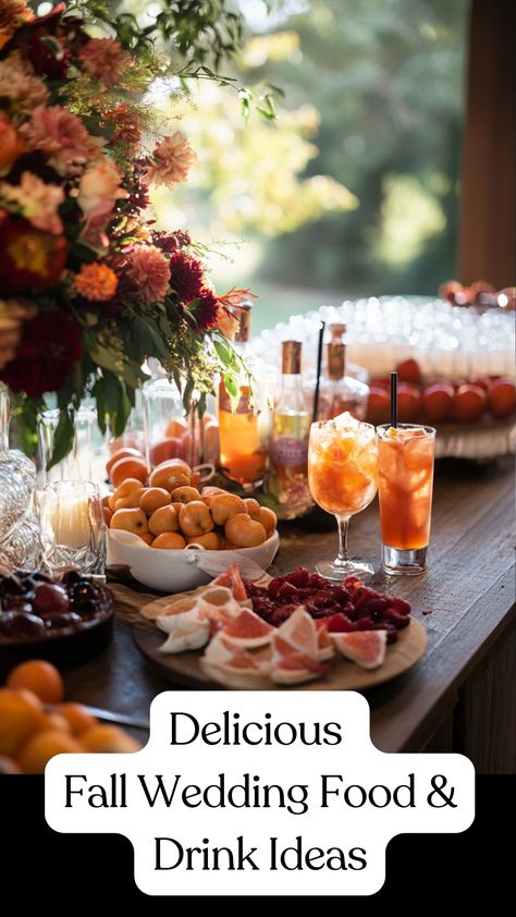 Cozy fall wedding food and drink ideas featuring seasonal cocktails and comfort dishes for a September celebration. Fall Wedding Buffet Ideas Food Stations, Fall Wedding Dinner Menu Ideas, Fall Wedding Buffet Ideas, Fall Wedding Food Ideas Buffet, Fall Wedding Menu Ideas, Fall Wedding Food, Fall Dinner Menu, Fall Wedding Drinks, Fall Wedding Menu