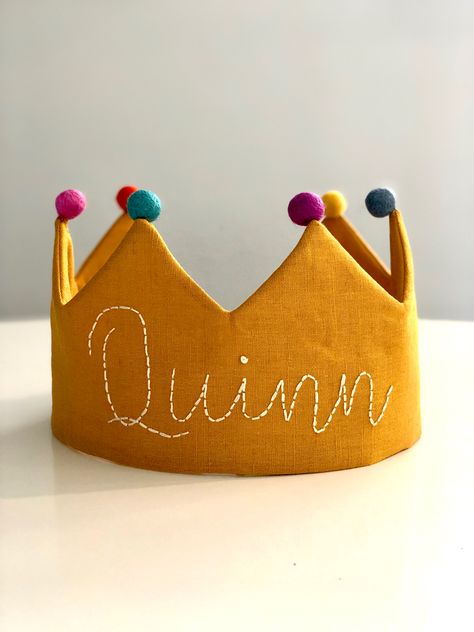 Linen crown with custom embroidery name. Fabric Crown, Class Birthdays, Liberty Of London Fabric, Birthday Crown, Pink Linen, Liberty Of London, Sewing Studio, Custom Embroidery, Silk Fabric