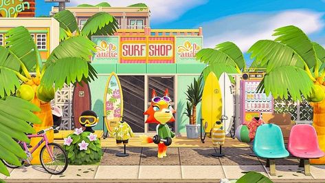 m a r i l y n sur Instagram : « I'm glad not to be the only one working on this island anymore. Audie took over the surf shop. I upgraded the storefront for the occasion.… » Animal Crossing Wild World, Island Theme, Palm Spring, Animal Crossing Characters, Tropical Animals, Animal Crossing Villagers, 사진 촬영 포즈, New Animal Crossing, Animal Crossing Game