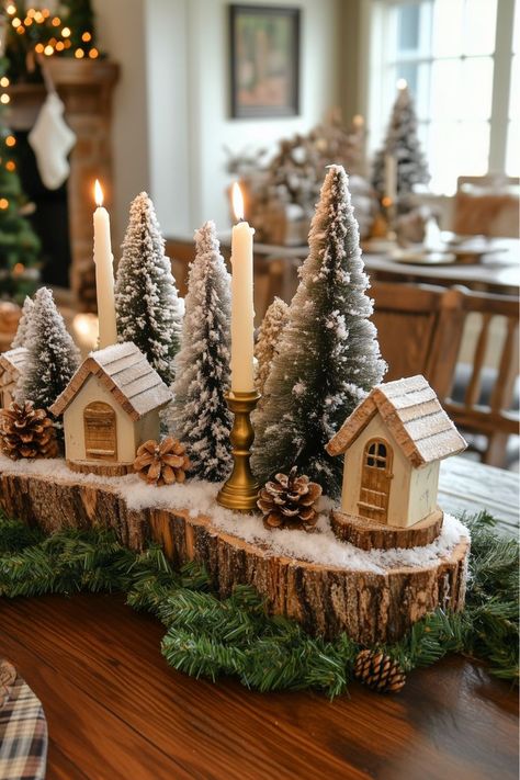 This snow village centerpiece on a wood slice feels like it’s straight out of a holiday story. Tiny houses, trees, and faux snow create a rustic yet whimsical scene. It’s simple to make and perfect for cozy holiday decor—don’t you love its charm? Wood Slice Christmas Tree, Simple Christmas Village, Easy Christmas Centerpieces, Christmas Village Trees, Long Table Centerpieces, Log Centerpieces, Christmas Centerpieces Cheap, Wood Slice Centerpieces, Cozy Holiday Decor