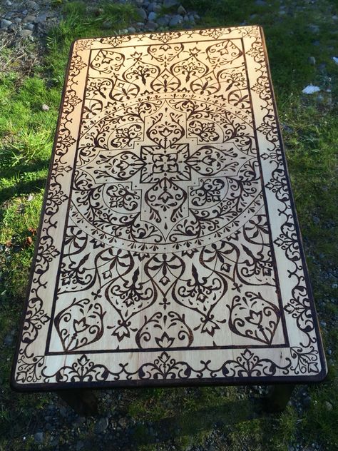 Woodburned coffee table - original artwork by Rebecca Lipsker Wood Burn Coffee Table, Wood Burn Table Top, Wood Burning Coffee Table, Wood Burned Coffee Table, Wood Burning Table Top Design, Pyrography Table, Wood Burning Table, Burnt Coffee Table, Pyrography Designs