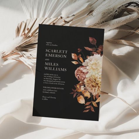 Black Modern Fall Terracotta Floral Wedding Invitation Moody Black Wedding, Terracotta Floral Wedding, Wedding Burnt Orange, Fall Wedding Programs, Wedding Invitation Watercolor, Orange Terracotta, Wreath Wedding Invitations, Terracotta Wedding, Simple Elegant Wedding